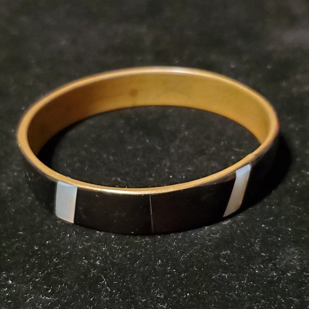 Mother of Pearl Inlay Brown Bangle Bracelet   VTG